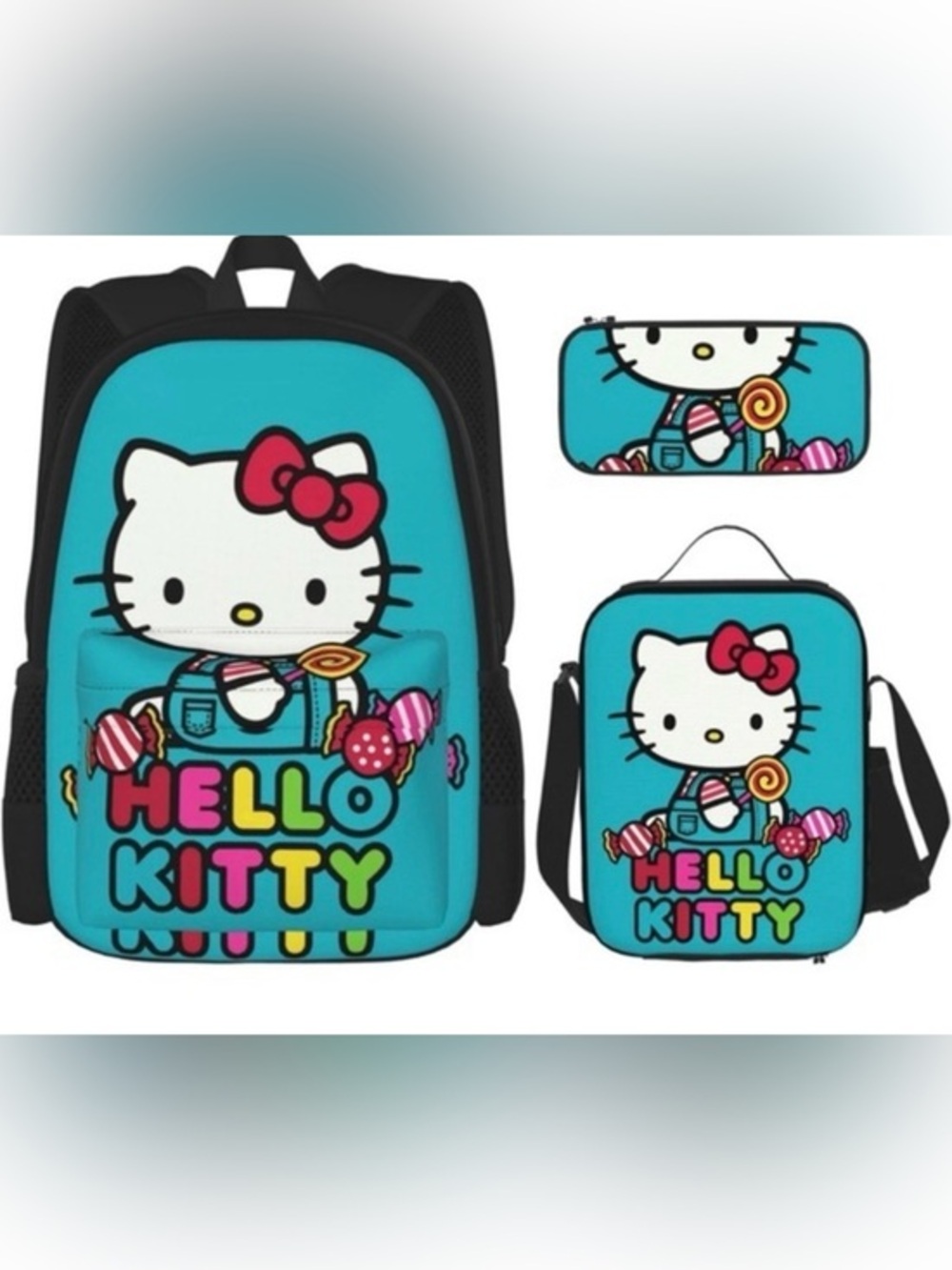 NWT Hello Kitty Blue Kids Backpack, Pencil bag, and Lunch Bag Set with Candy Art